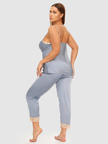 3pcs Satin Lace Trim Cami Pajama Set