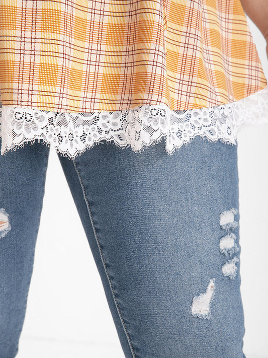 Gingham Ruffle Cold Shoulder Eyelash Lace Blouse