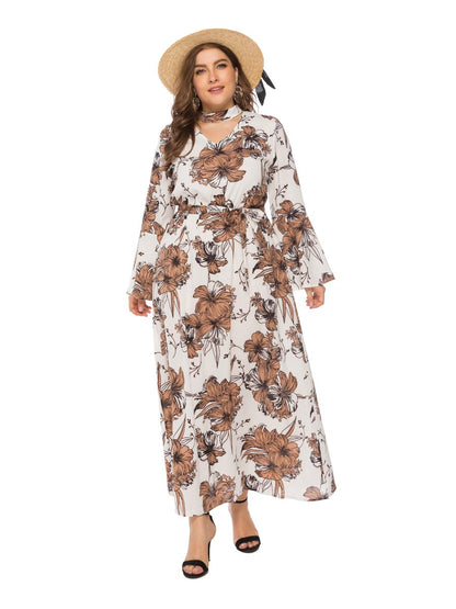 Floral Printed Hollow Out Flared Sleeve Maxi Dress