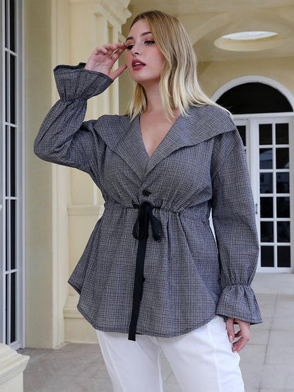 Plaid V-neck Drawstring Waist Blouse