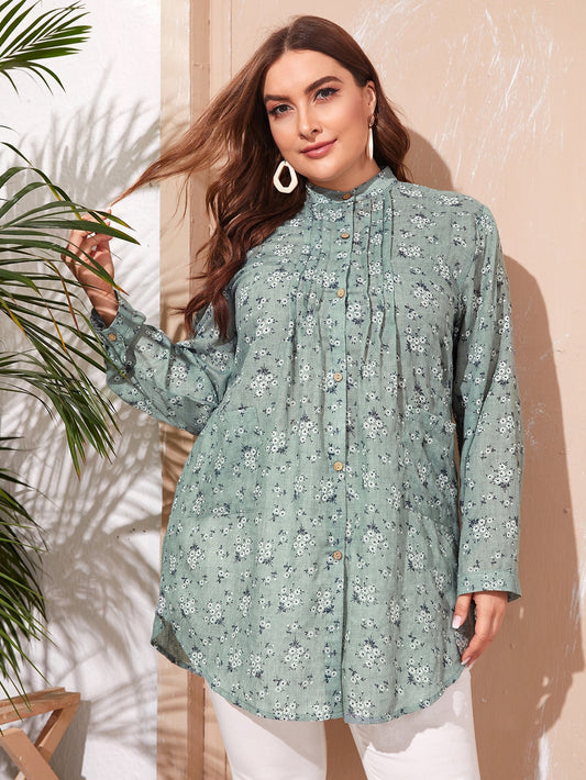 Ditsy Floral Curved Hem Tunic Blouse