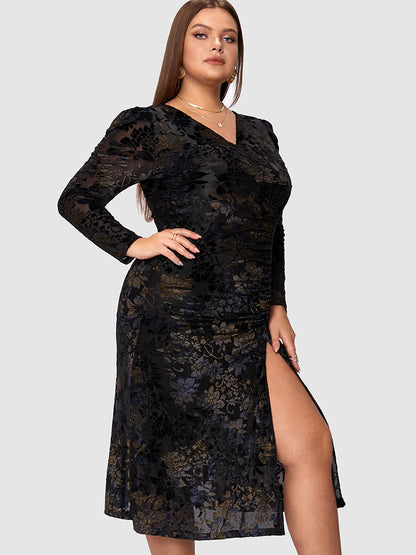 Ruched Foral Print Split Dress