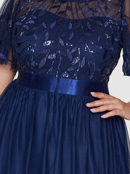 Sequin Plant Pattern Mesh Tiered Dress