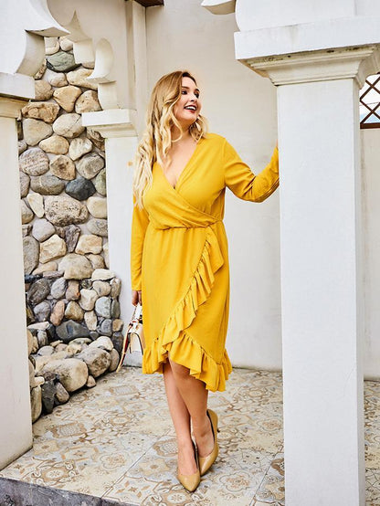 Ruffle V-neck Wrap Solid Color Midi Dress