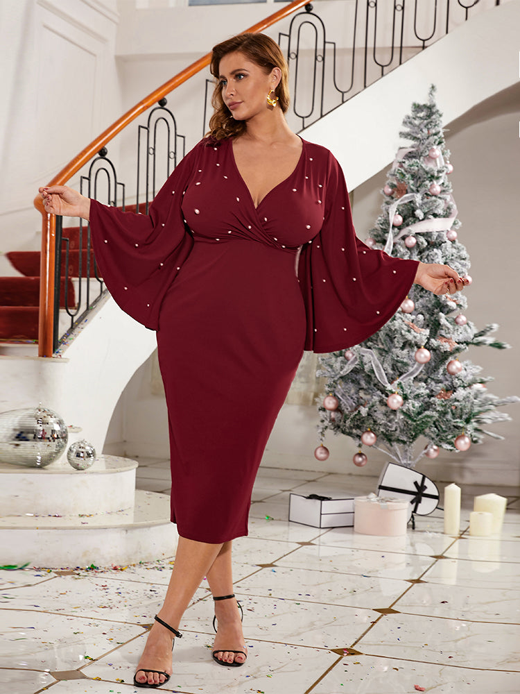 Bell Sleeve Beaded Bodycon Dress