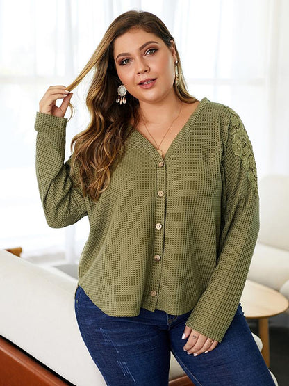 Waffle V-neck Embroidery Knit Top