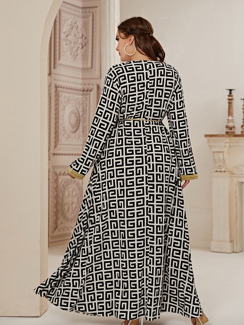 Printed Patchwork Belt V-neck Maxi Dress