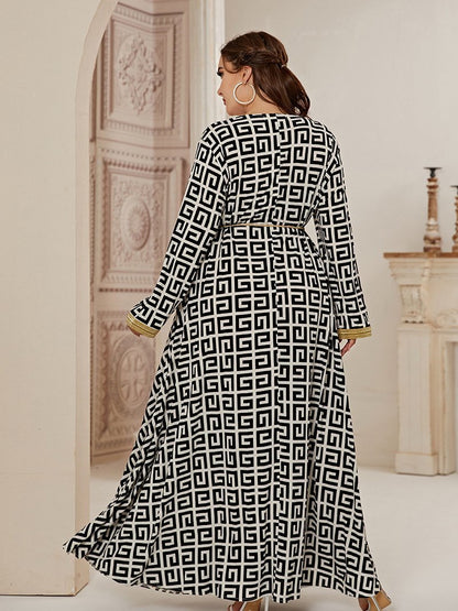 Printed Patchwork Belt V-neck Maxi Dress