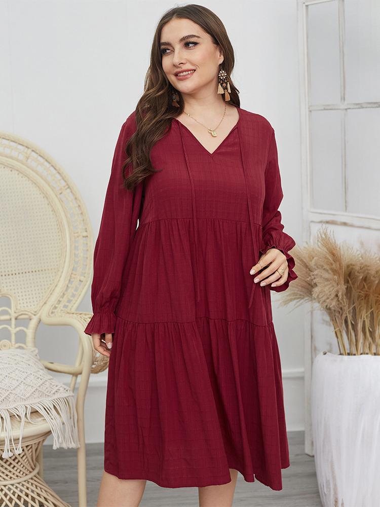 Pleated V-neck Lantern Sleeve Dress