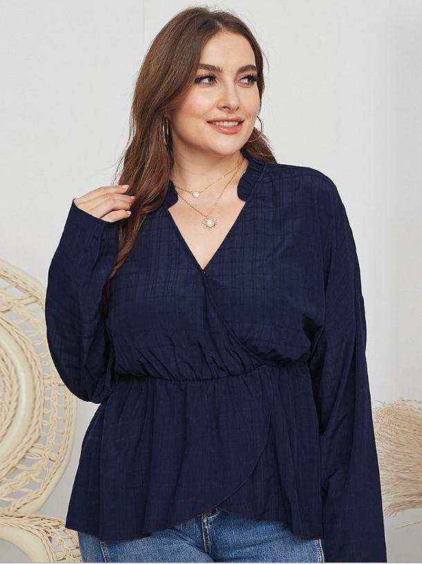 Grid Wrap V-neck Stand Collar Blouse