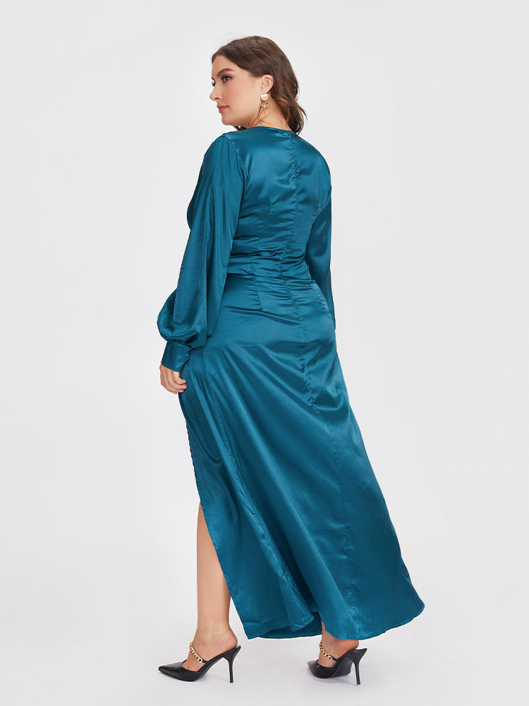 High Split Wrap V-neck Lantern Sleeve Dress