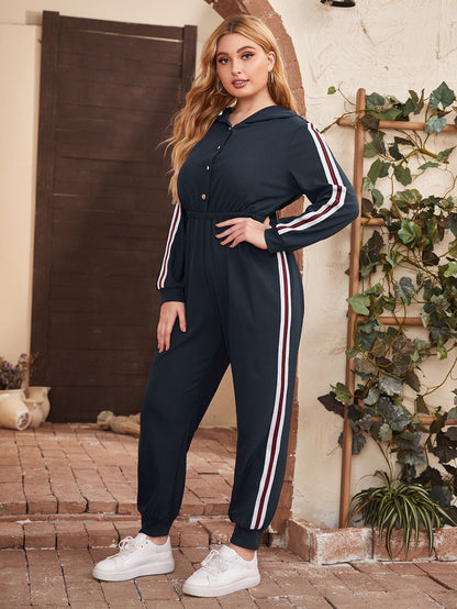 Buttoned Front Striped Tape Side Hooded Jumpsuit