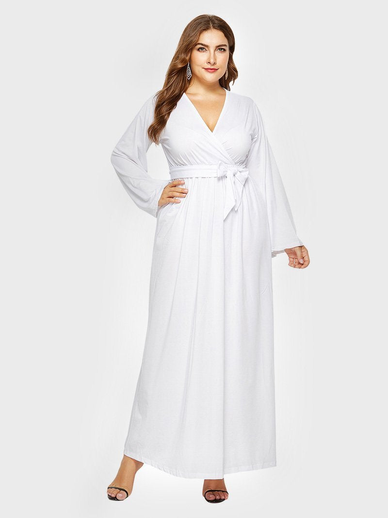 Belt V-neck Solid Color Maxi Dress