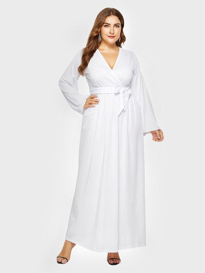 Belt V-neck Solid Color Maxi Dress