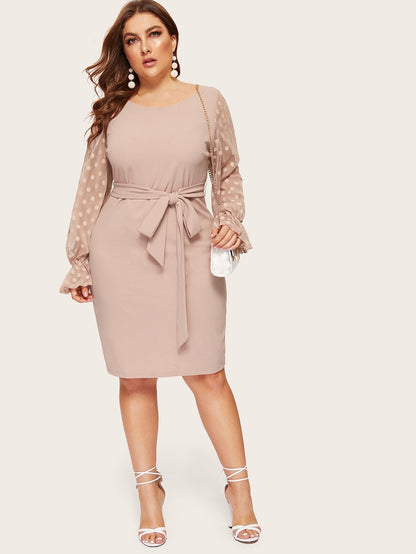 Dot Mesh Bell Sleeve Belted Pencil Dress