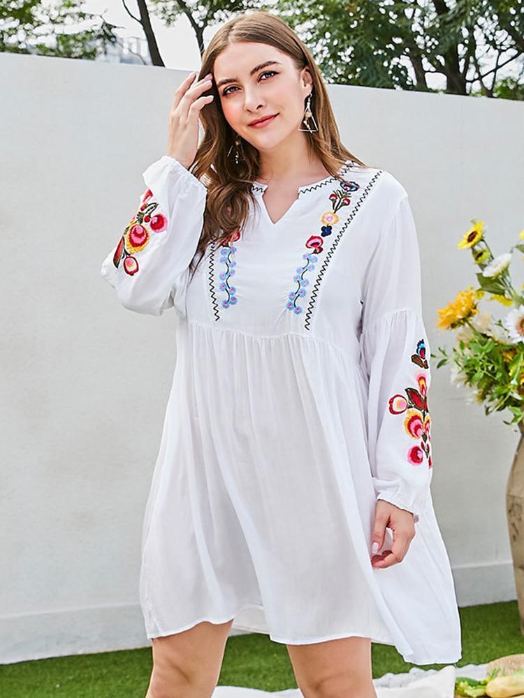 Embroidery Holiday Lantern Sleeve Dress