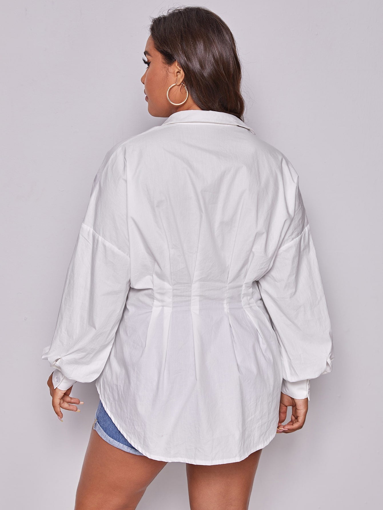 Solid Pleated Waist Button Front Blouse