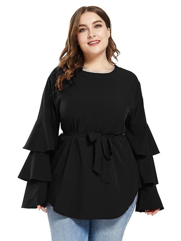 Ruffle Sleeve Belt Solid Blouse