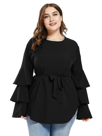 Ruffle Sleeve Belt Solid Blouse