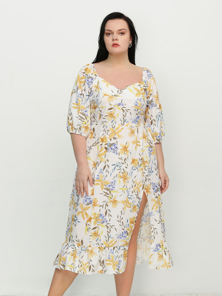 Leaf Split Ruffle Hem Dress