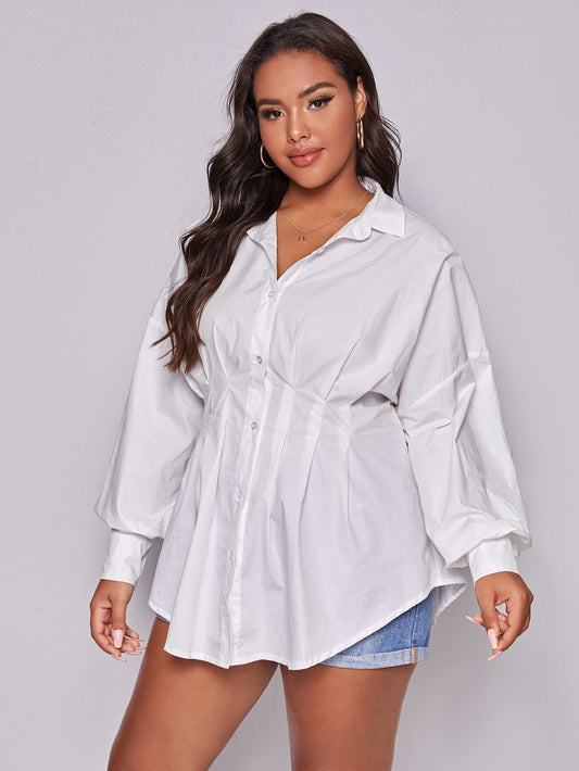 Solid Pleated Waist Button Front Blouse