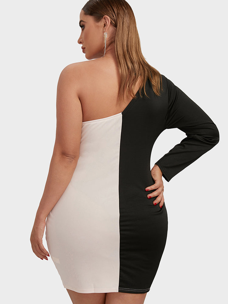 Color Block One Shoulder Bodycon Dress