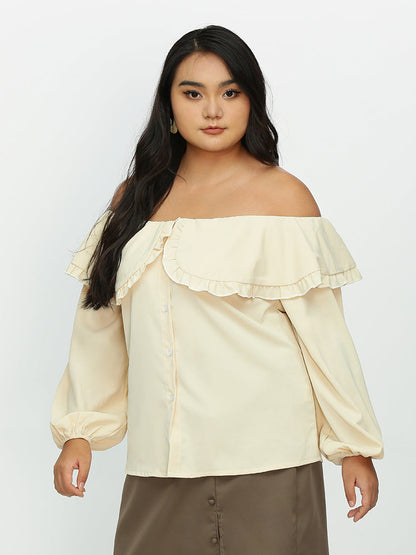 Ruffle Trim Button Lantern Sleeve Blouse