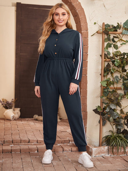 Buttoned Front Striped Tape Side Hooded Jumpsuit