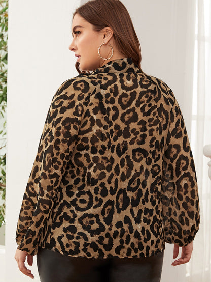 Tie Neck Lantern Sleeve Leopard Top