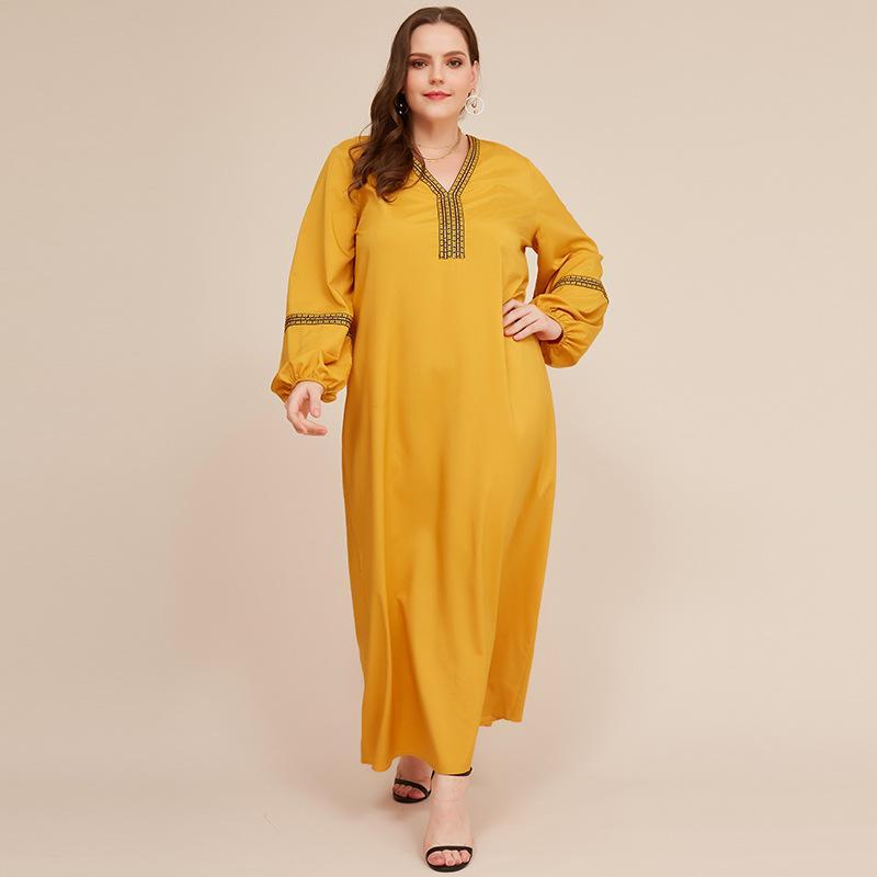 Embroidery V-neck Lantern Sleeve Loose Maxi Dress