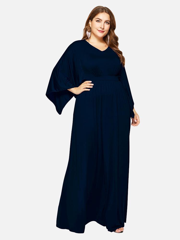 Solid Color Bat Sleeve Maxi Dress