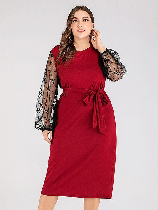 Lace Patcwork Belt Midi Dress