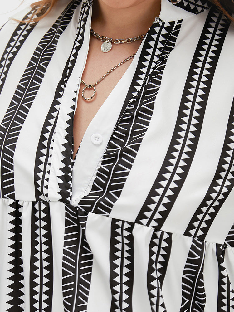 Shirred Geo Print V Neck Loose Dress