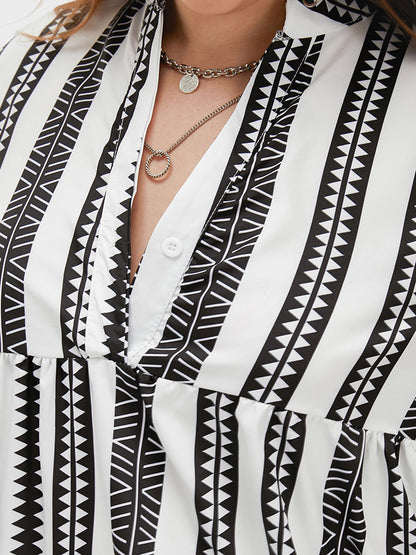 Shirred Geo Print V Neck Loose Dress