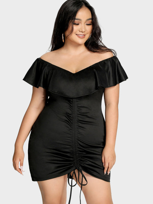 Ruched Ruffle Solid Dress