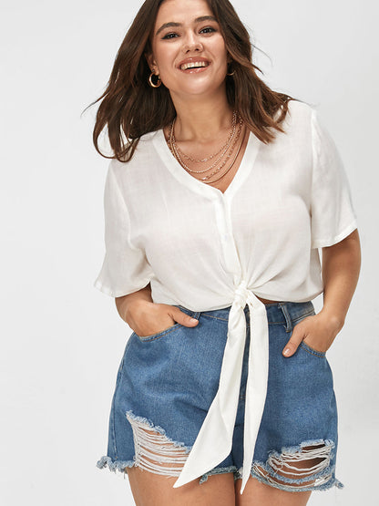 Button Down Tie Front Short Sleeve Blouse