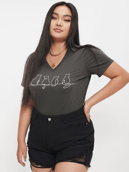 Cat Print V Neck  T-shirt