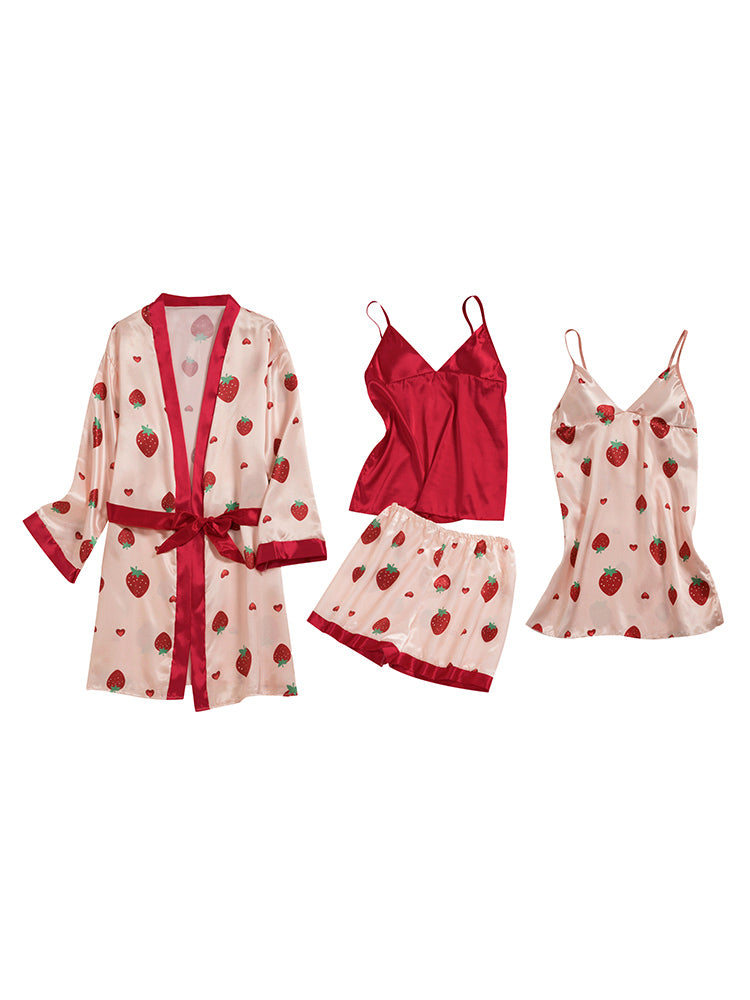 4pcs Strawberry Print Satin Belted Pajama Set