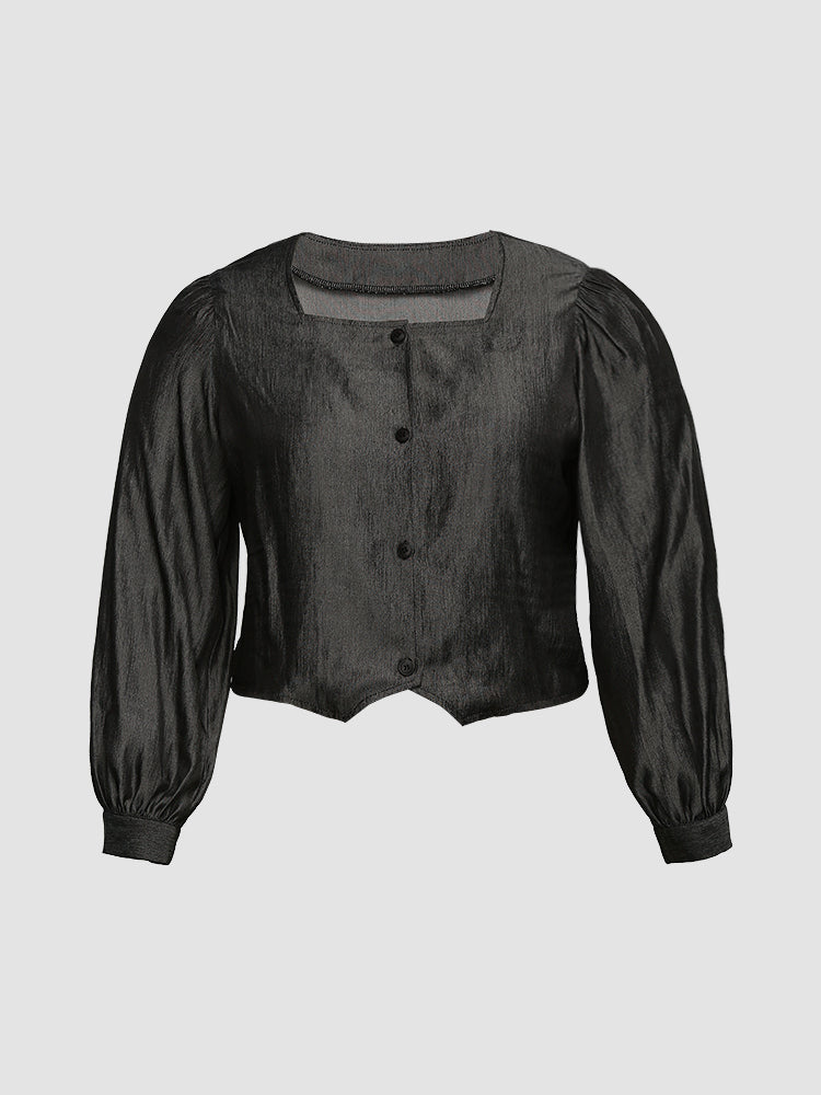Button Puff Sleeve Square Neck Blouse