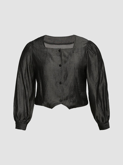 Button Puff Sleeve Square Neck Blouse