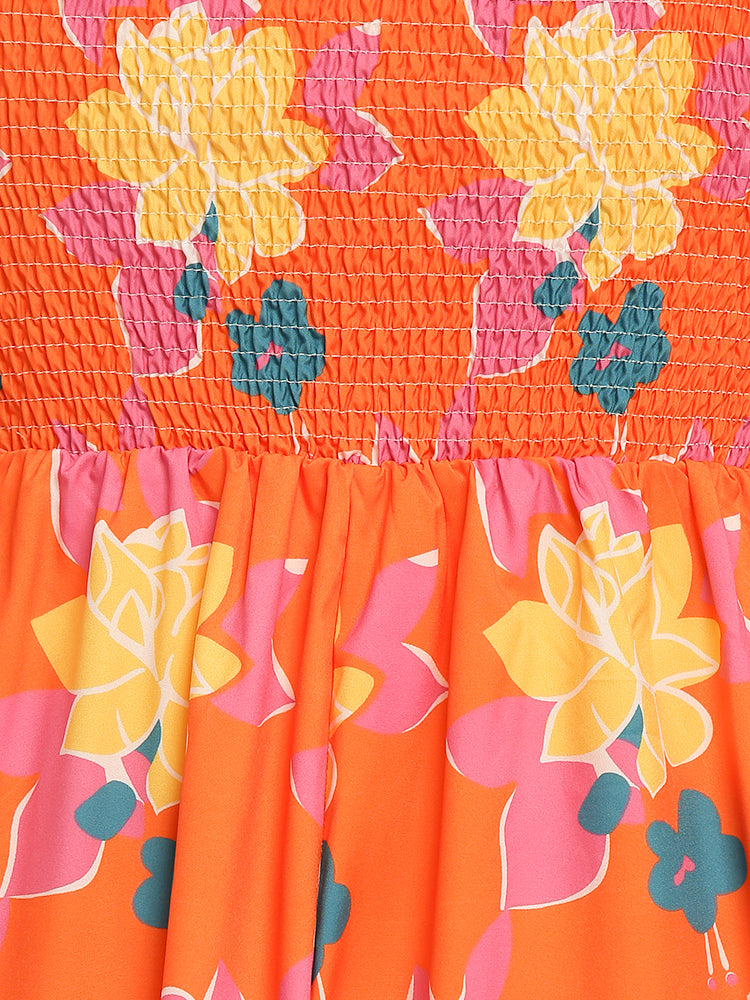 Floral Smocking Back Shirred Dress