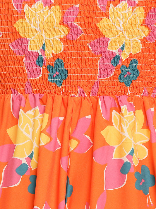 Floral Smocking Back Shirred Dress