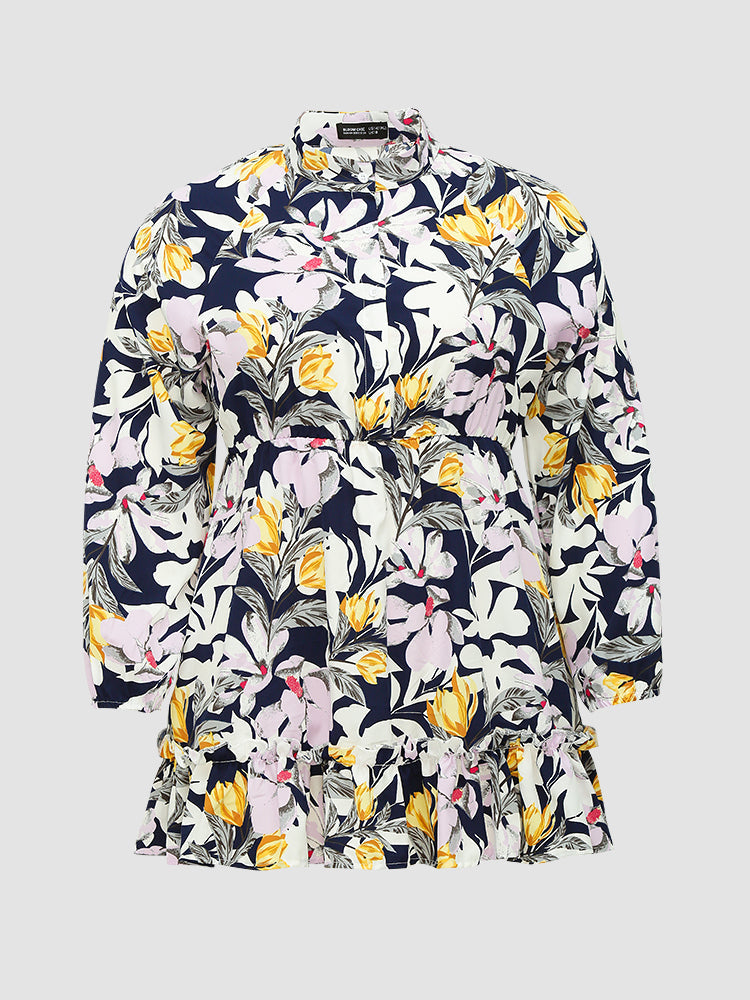 Mandarin Collar Ruffled Floral Dress