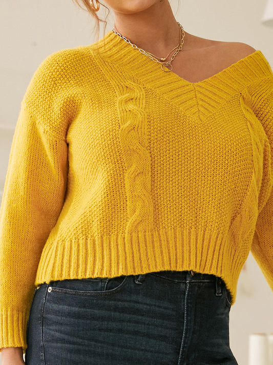 Solid Cable Knit V-neck Sweater