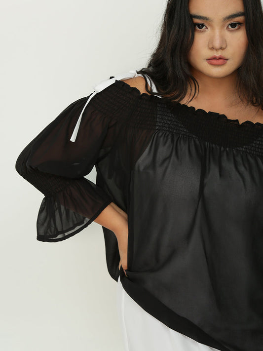 Perspective Off Shoulder Smocked Blouse