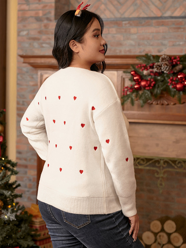 V Neck Heart Pattern Sweater