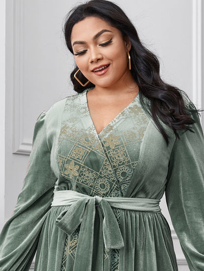 Floral & Argyle Embroidered Belt Velvet A-line Dress