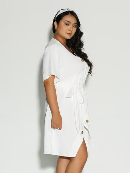 Button Bowknot Surplice Neck Dress