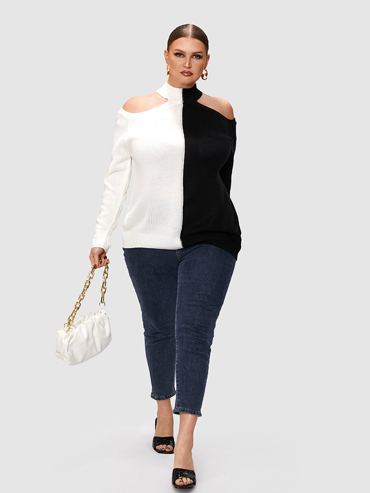 Colorblock Cut Out Shoulder Sweater