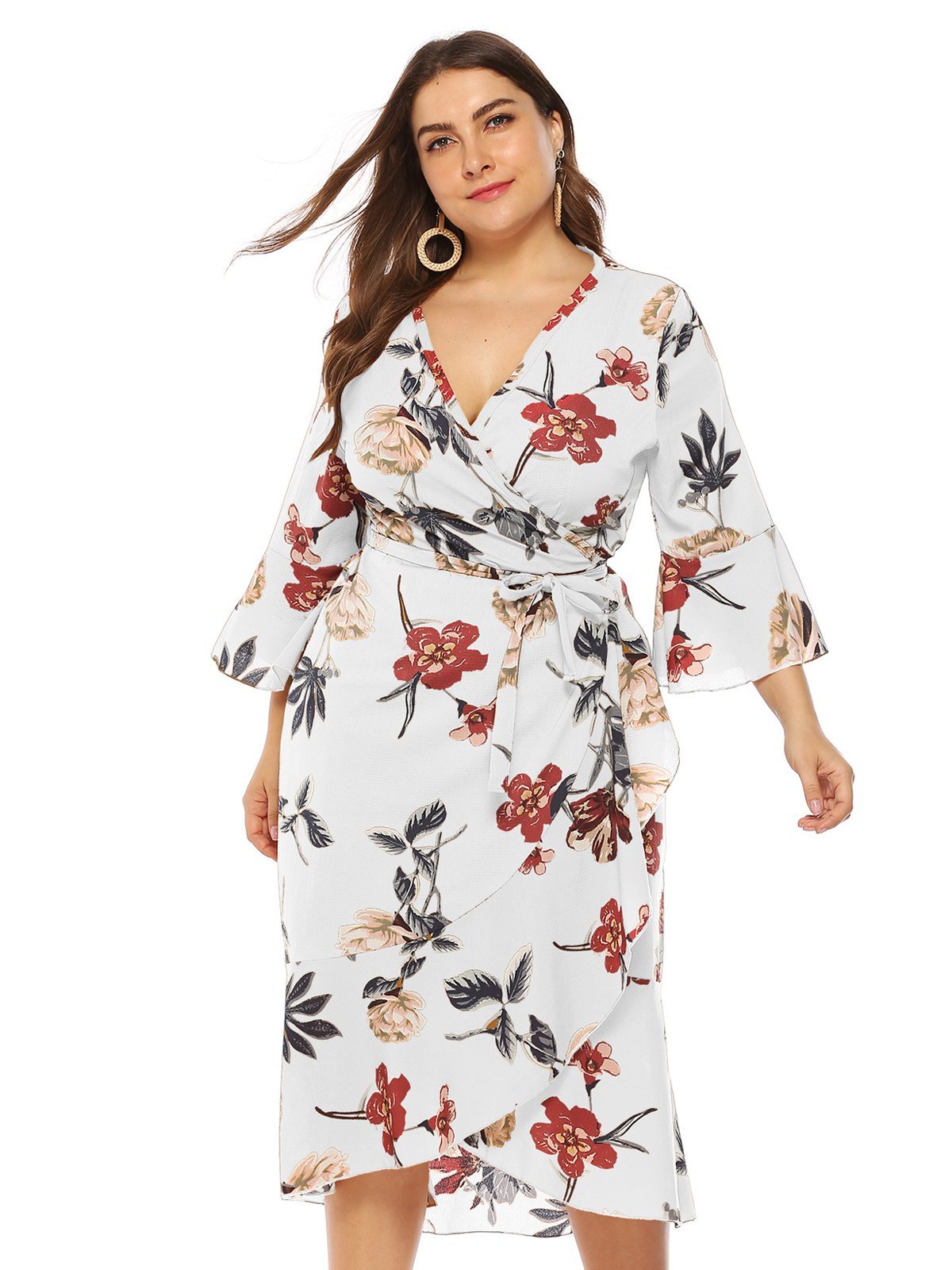 Floral Wrap Ruffle Sleeve Dress